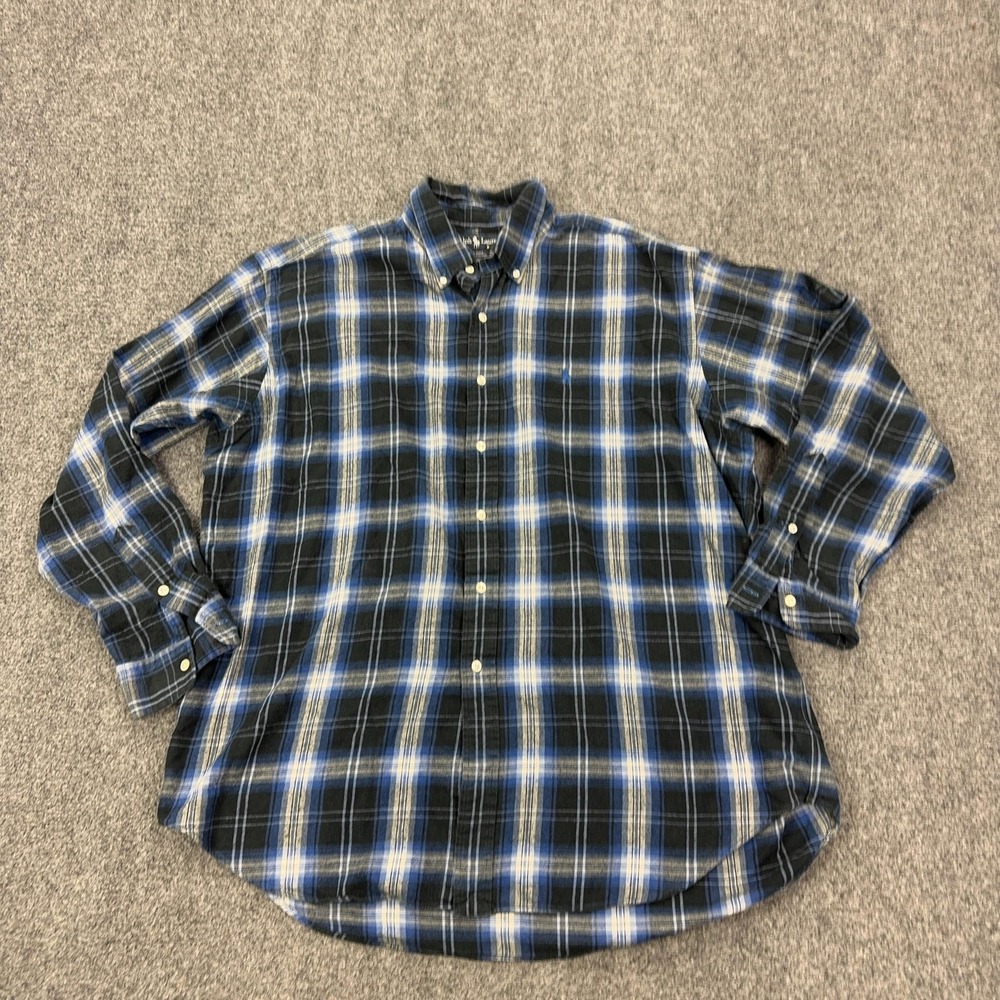 VTG Ralph Lauren Shirt Mens XL Blue Plaid 100% Cotton Flannel Blaire Button Down